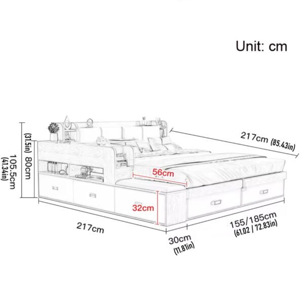 ds12xd21xs21x21s-1 Hidden Compartment Lift-Up Storage Bookshelf Platform Bed